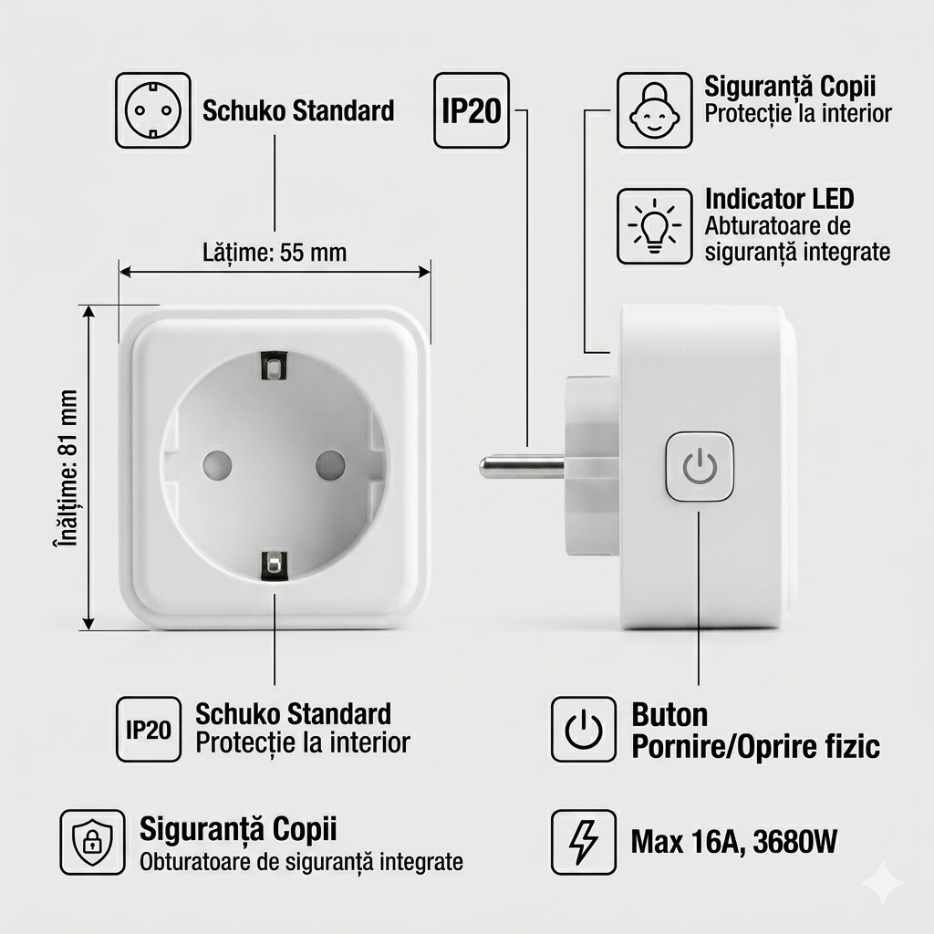 Priză Inteligentă S-Eye Smart Power Plug WiFi – Monitorizare Energie, 16A 3680W, Google Home & Alexa
