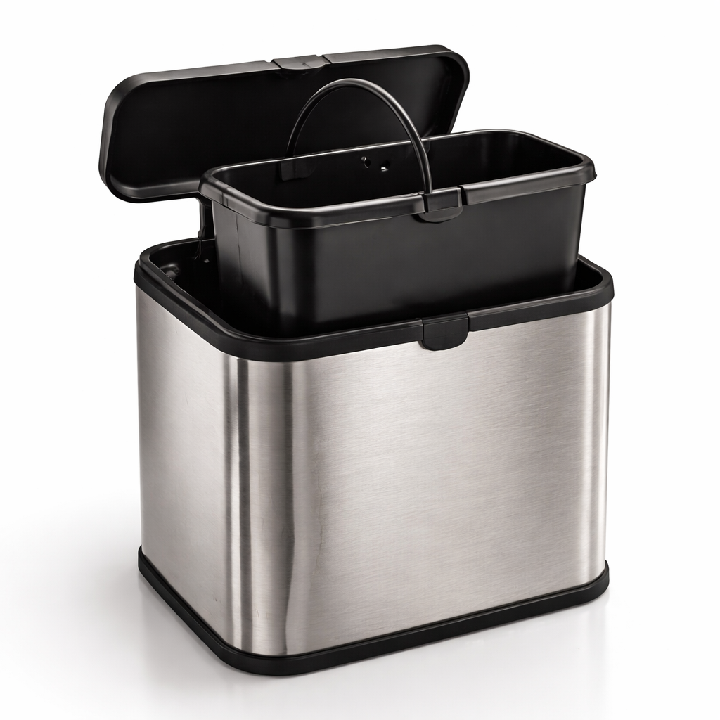 S-Eye Cos de Gunoi Suspendat 5L Inox – Rezistent la Amprente | Galeata Detasabila 100% Reciclata | Montaj Usa Dulap Bucatarie