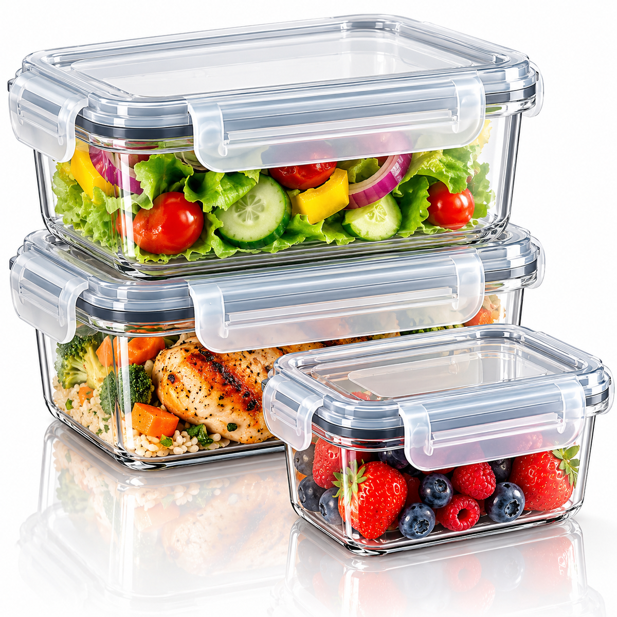 Set 3 caserole transparente cu capac, 2×1,5L și 1×5,1L