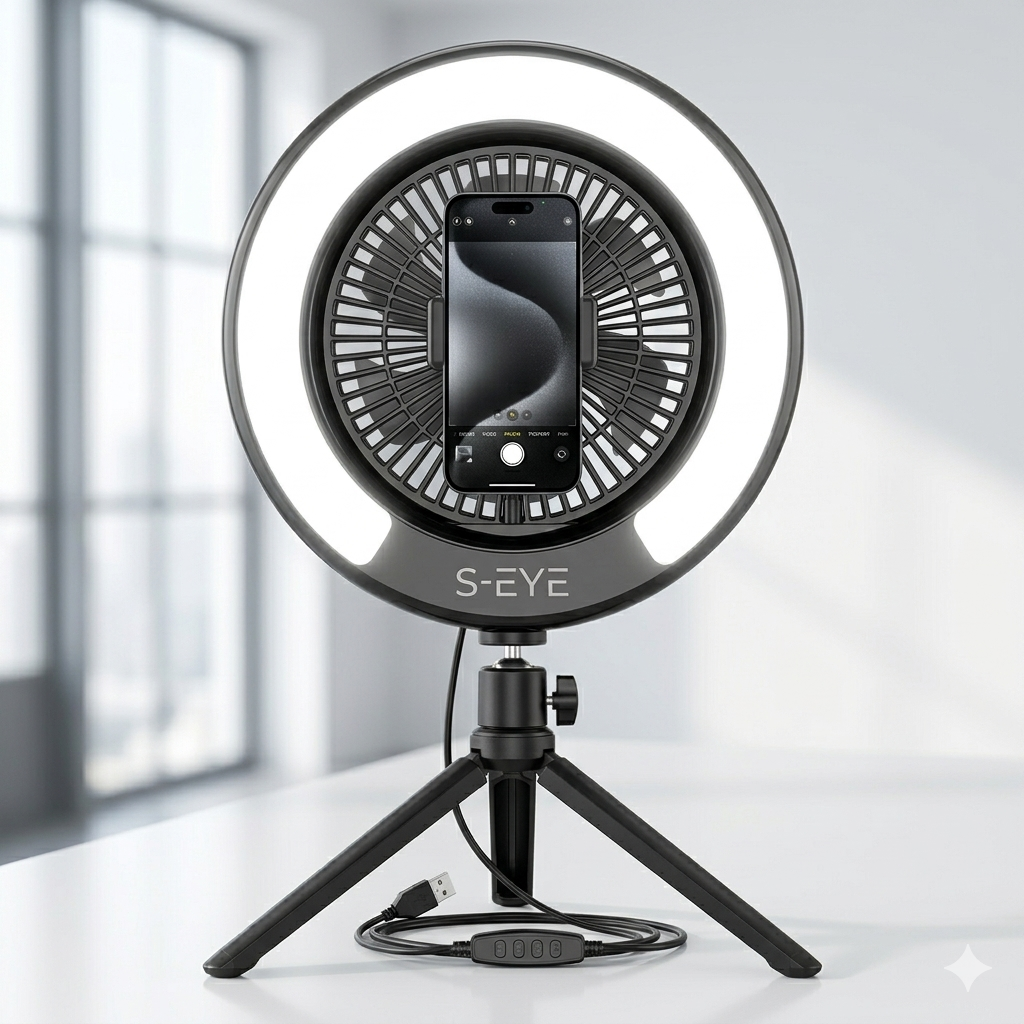 S-Eye Lampa Inel Selfie Ring Light cu Ventilator si Trepied, 9 Culori RGB, Lumina Reglabila, 2.5W USB, 255mm, pentru TikTok Vlog Live Streaming