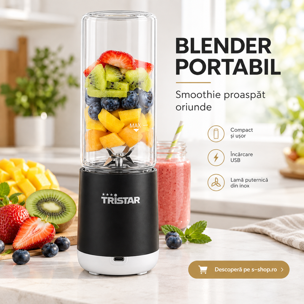 Blender portabil Tristar PD-4981Z cu recipient din sticlă