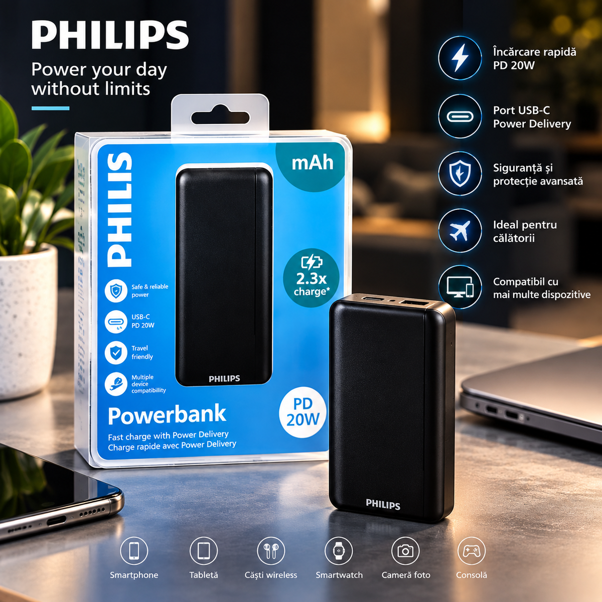 Baterie externă Philips 10.000 mAh 20W cu 4 porturi