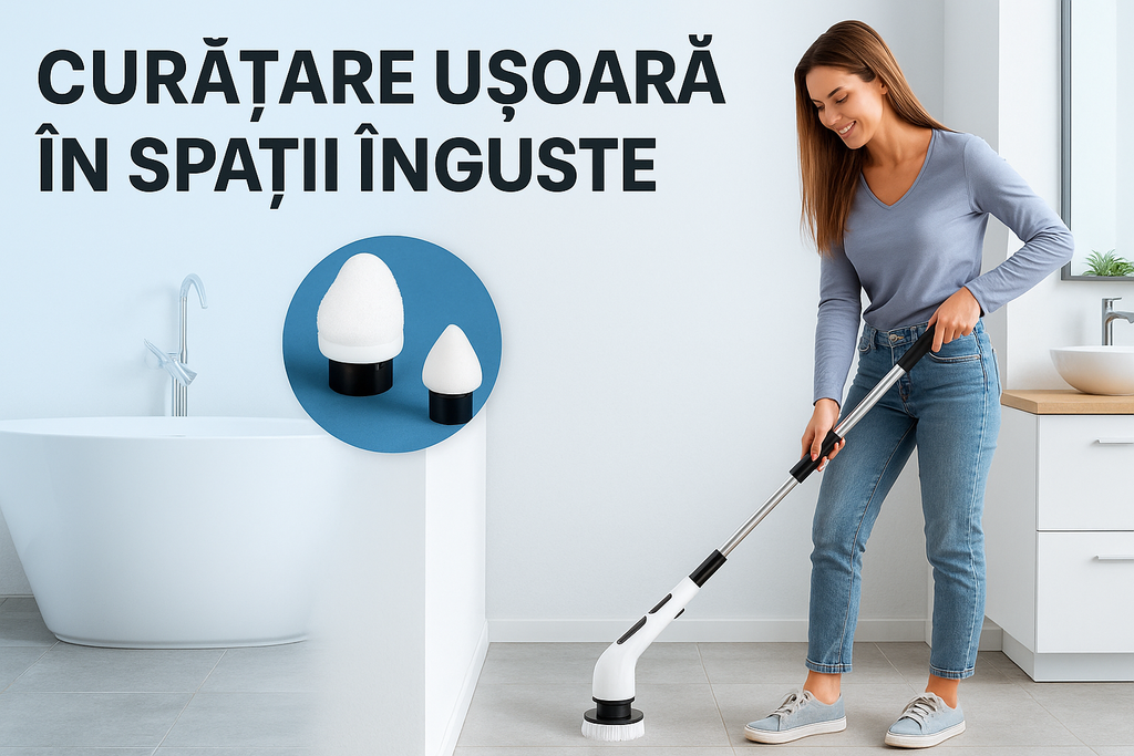 Perie Electrica Rotativa S-Eye, 9 Capete Interschimbabile, 450 RPM, 2 Trepte Viteza, Maner Extensibil 137 cm, Autonomie 90 min, Incarcare USB – Curatenie Rapida Baie, Bucatarie, Auto