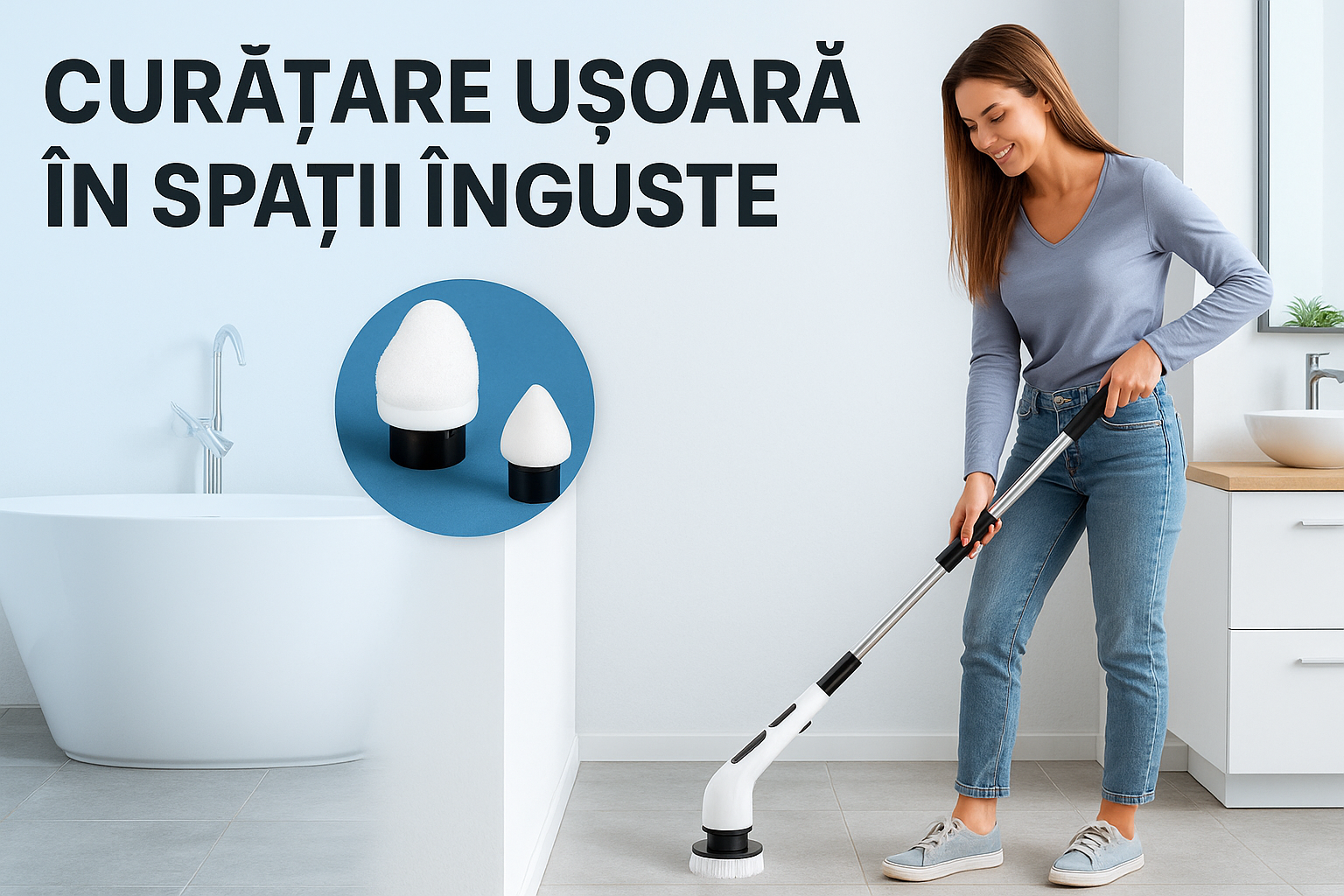 Perie Electrica Rotativa S-Eye, 9 Capete Interschimbabile, 450 RPM, 2 Trepte Viteza, Maner Extensibil 137 cm, Autonomie 90 min, Incarcare USB – Curatenie Rapida Baie, Bucatarie, Auto