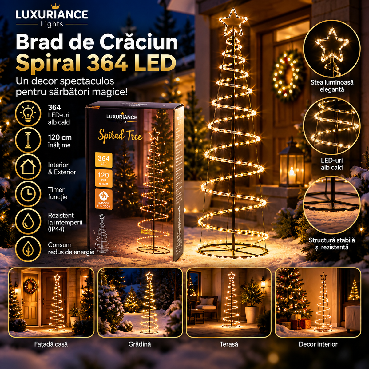 Brad de Crăciun spiral cu 364 LED-uri alb cald, 120 cm