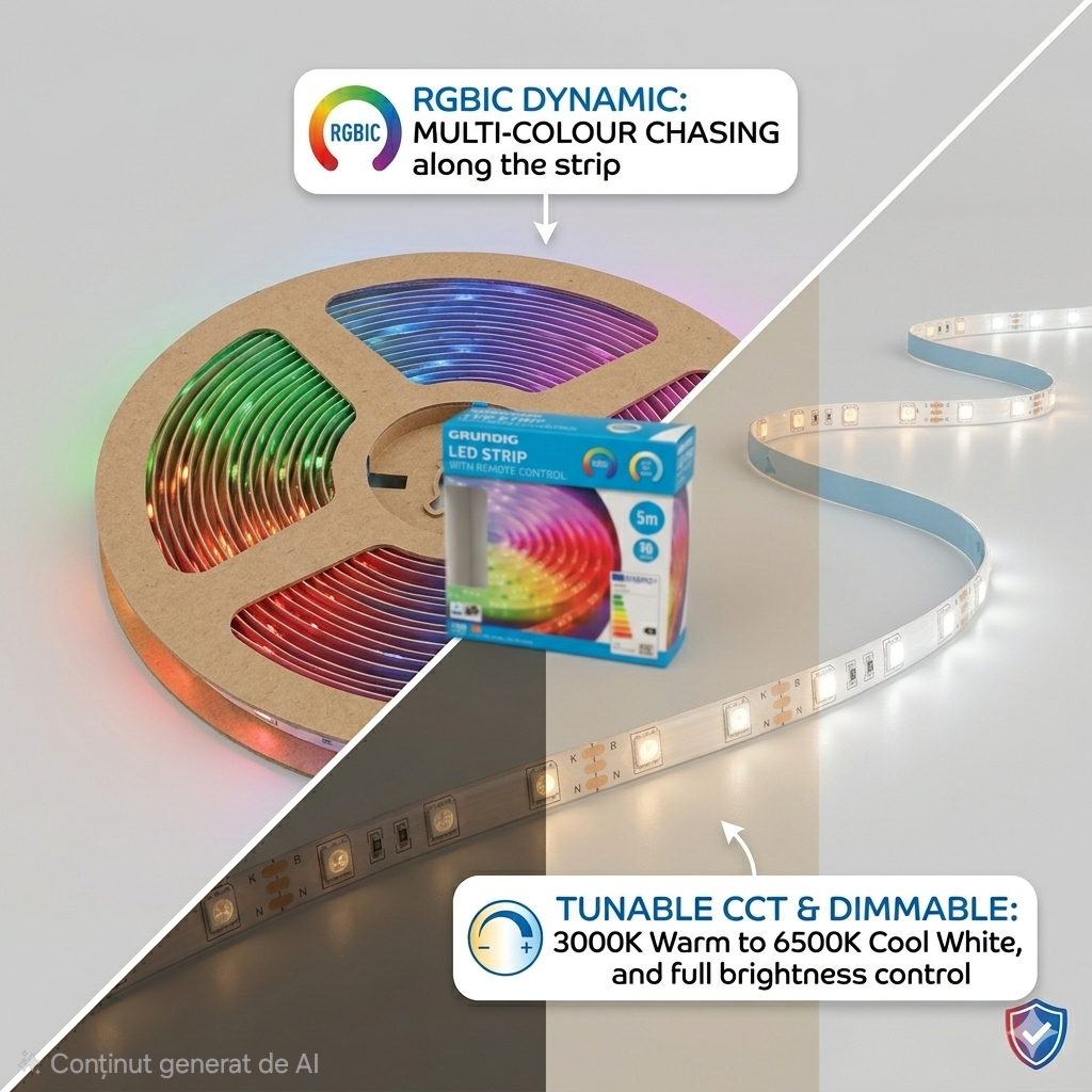 Grundig Bandă LED RGBIC 5m cu Telecomandă | Multicolor + Alb Reglabil CCT | 90 LED/m | 1200 Lumeni