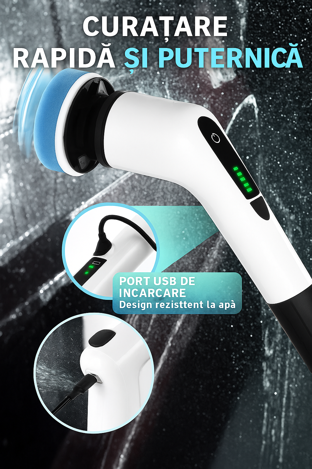Perie Electrica Rotativa S-Eye, 9 Capete Interschimbabile, 450 RPM, 2 Trepte Viteza, Maner Extensibil 137 cm, Autonomie 90 min, Incarcare USB – Curatenie Rapida Baie, Bucatarie, Auto