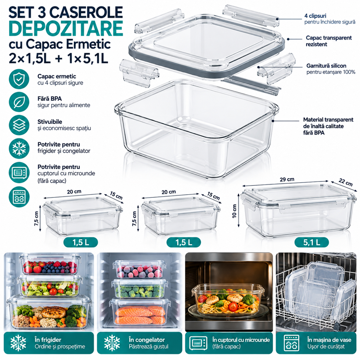 🥡 Set 3 Caserole Depozitare cu Capac – 2x1,5L + 1x5,1L, Transparente