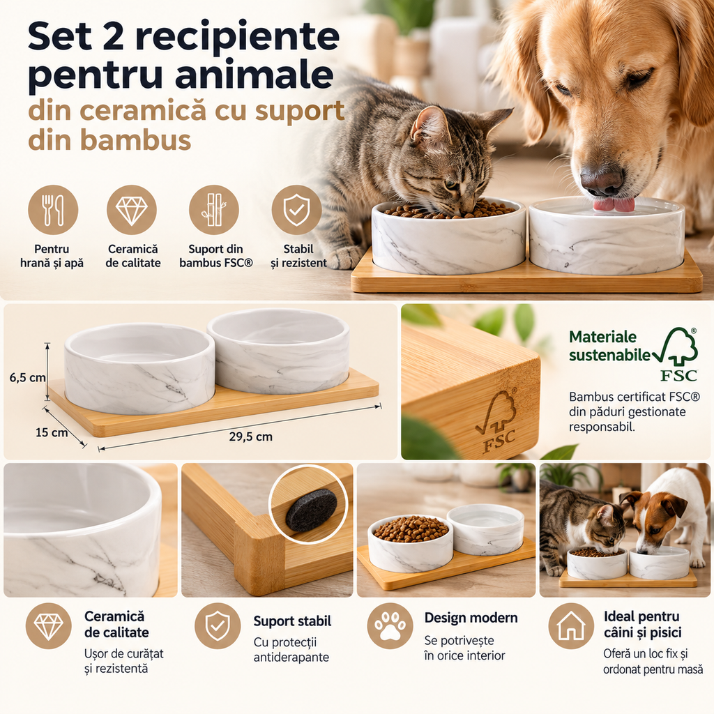 🐾 Set 2 Boluri Ceramice pentru Animale cu Suport din Bambus