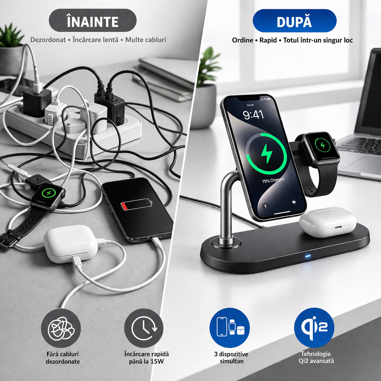 Statie de Incarcare Wireless Grundig Qi2 3 in 1, 15W, compatibila Telefon Smartwatch Casti