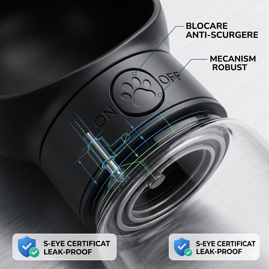 Sticla Portabila S-Eye 2 in 1 pentru Caini, Recipient Apa si Hrana cu Bol Detasabil, Buton On/Off Anti-Scurgere, 350 ml + 250 ml, Alb
