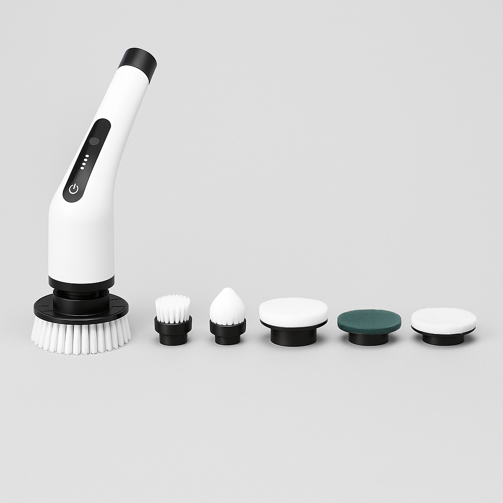 Perie Electrica Rotativa S-Eye, 9 Capete Interschimbabile, 450 RPM, 2 Trepte Viteza, Maner Extensibil 137 cm, Autonomie 90 min, Incarcare USB – Curatenie Rapida Baie, Bucatarie, Auto