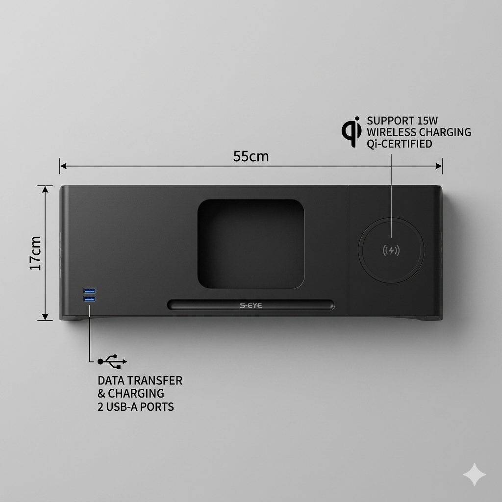 🖥️ Suport Monitor S-Eye cu Incarcare Wireless 15W, 2 x USB-A si Organizator Birou 55cm
