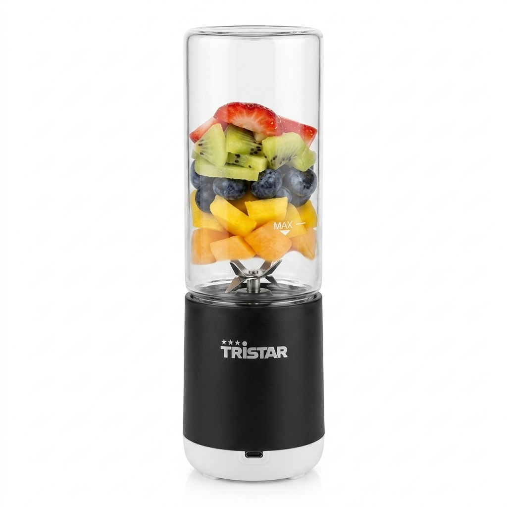 Blender Portabil Tristar PD-4981Z 🍓 380 ml, 25 W, 6 Lame Inox, Reîncărcabil USB, Recipient din Sticlă