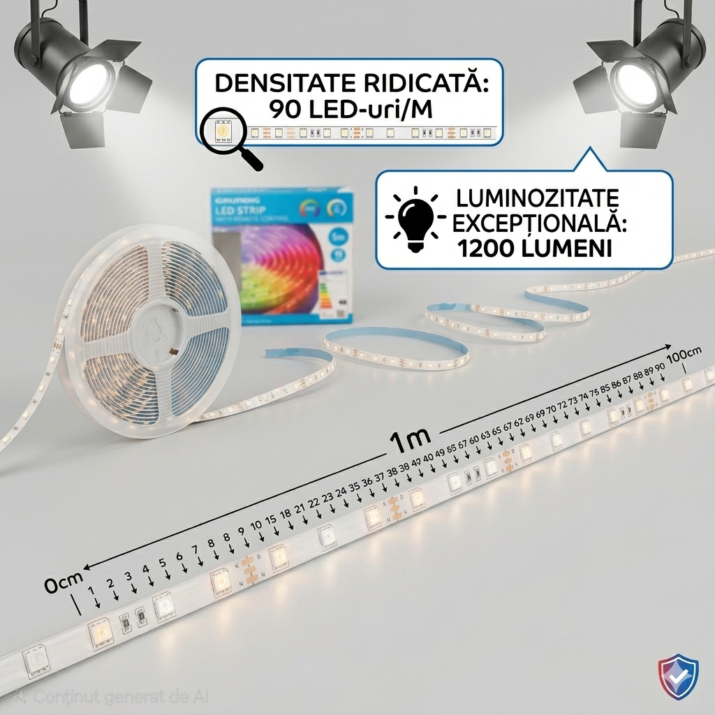 Grundig Bandă LED RGBIC 5m cu Telecomandă | Multicolor + Alb Reglabil CCT | 90 LED/m | 1200 Lumeni