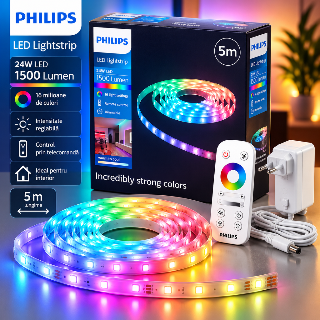 Bandă LED Philips RGB Interior 5m – 1500 lm, 24W, 256 Culori, Reglaj 10–100%, Telecomandă – imaginea 1