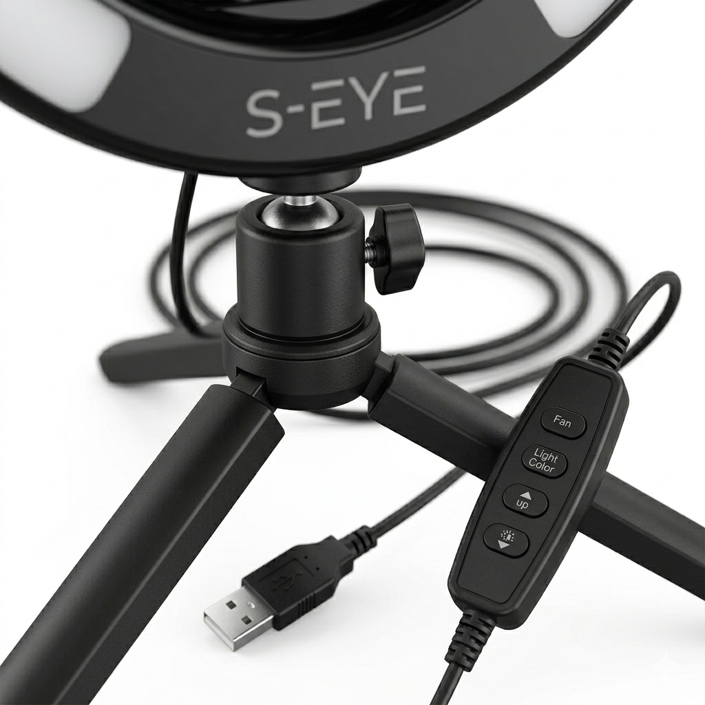 S-Eye Lampa Inel Selfie Ring Light cu Ventilator si Trepied, 9 Culori RGB, Lumina Reglabila, 2.5W USB, 255mm, pentru TikTok Vlog Live Streaming