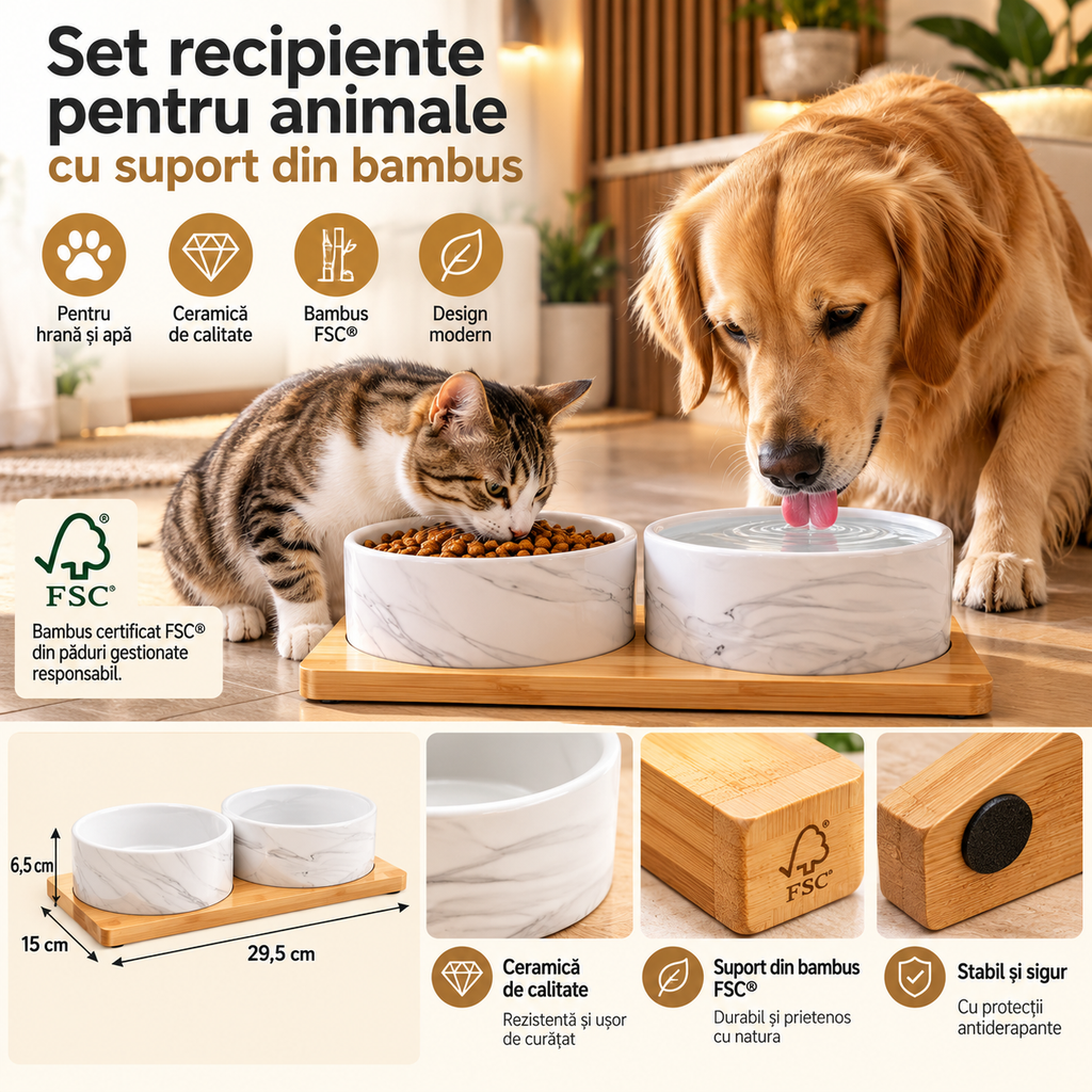 Set 2 boluri ceramice pentru animale cu suport din bambus