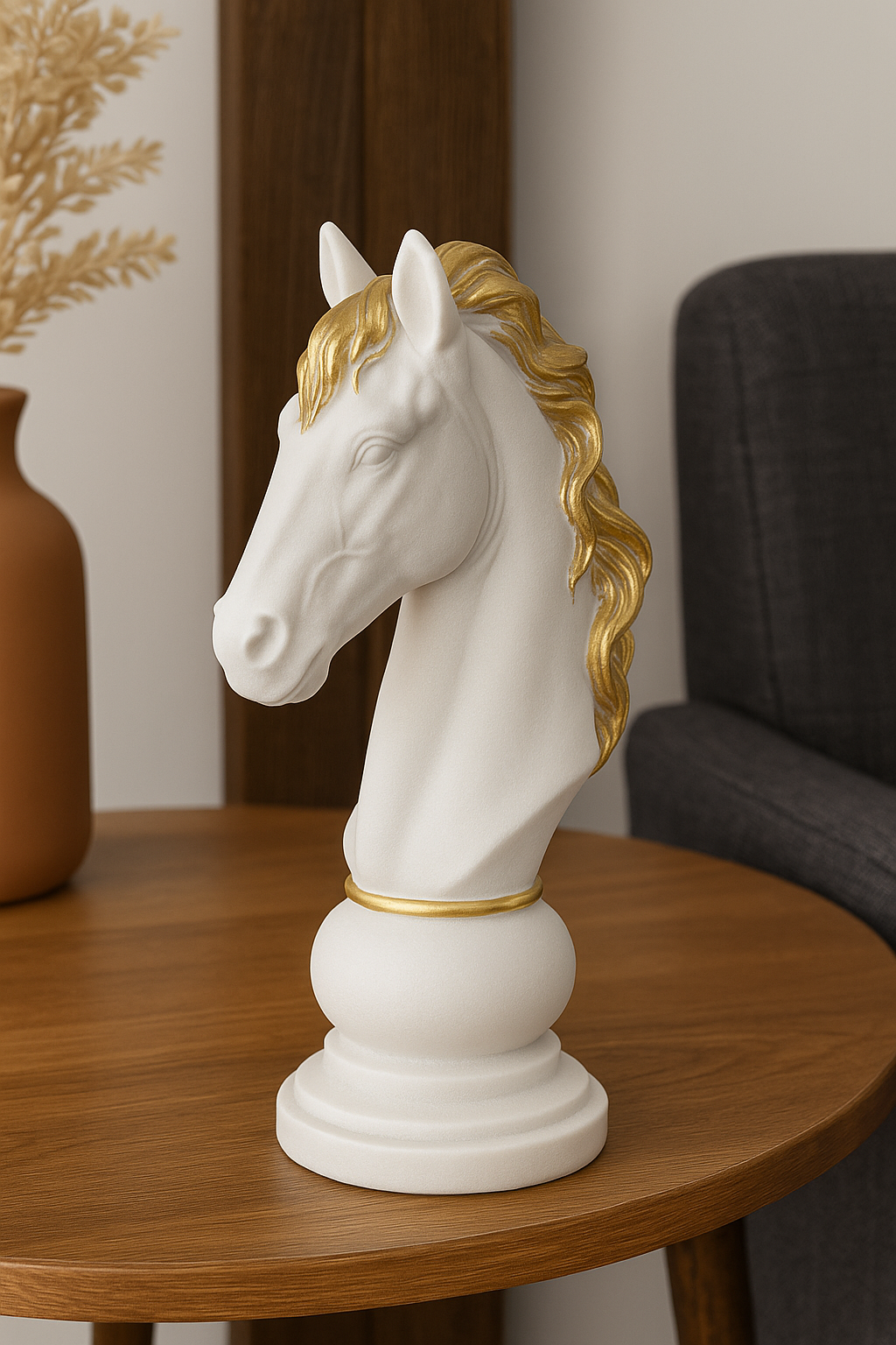 Piesă Șah Decorativă "Cal" Alb cu Detalii Aurii Ø10x25.5cm