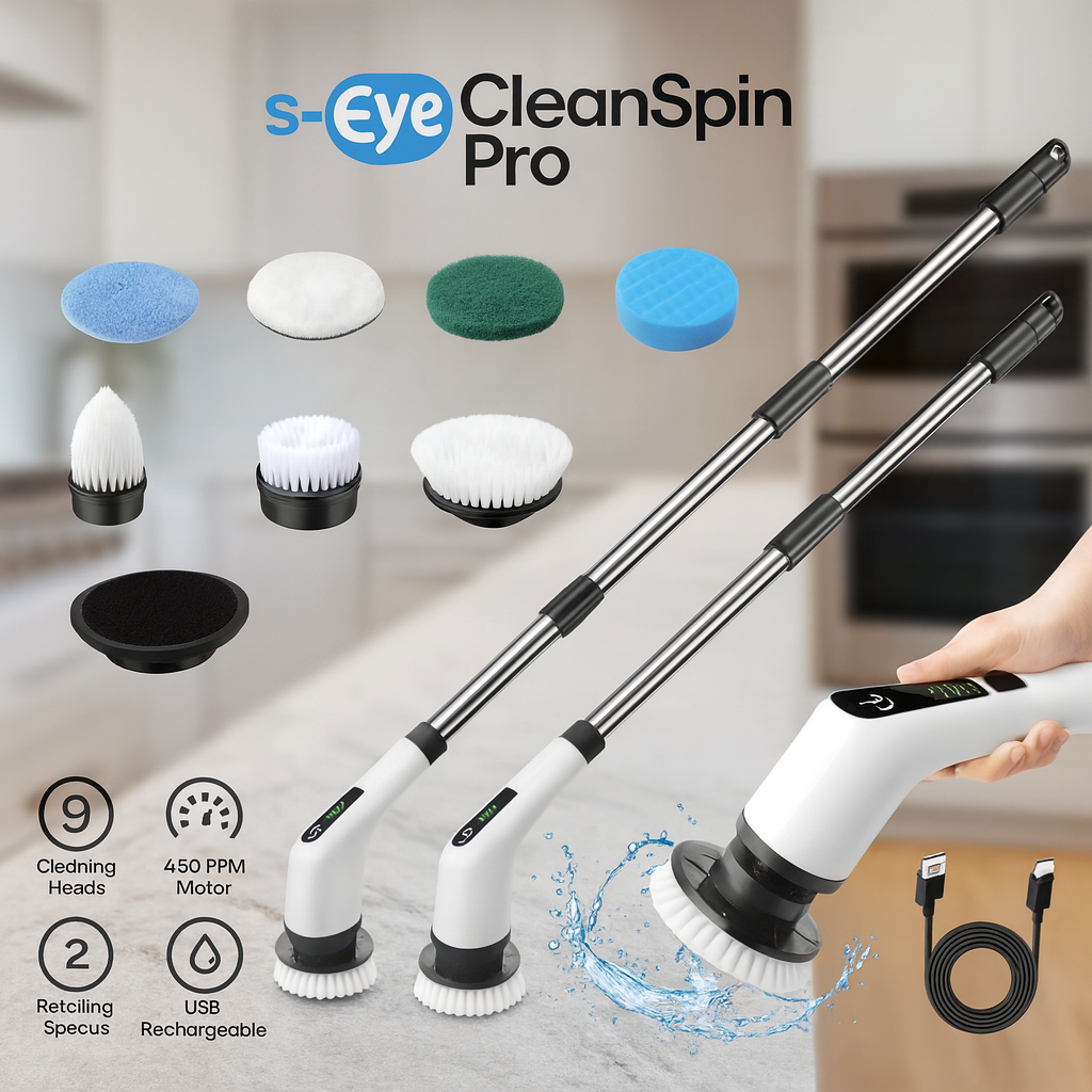 Perie Electrica Rotativa S-Eye, 9 Capete Interschimbabile, 450 RPM, 2 Trepte Viteza, Maner Extensibil 137 cm, Autonomie 90 min, Incarcare USB – Curatenie Rapida Baie, Bucatarie, Auto