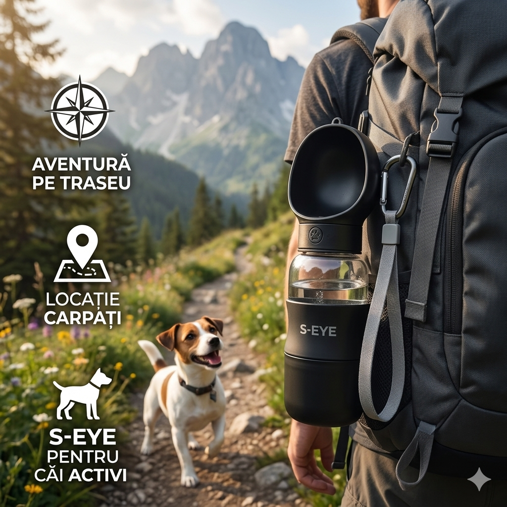 Sticla Portabila S-Eye 2 in 1 pentru Caini, Recipient Apa si Hrana cu Bol Detasabil, Buton On/Off Anti-Scurgere, 350 ml + 250 ml, Alb