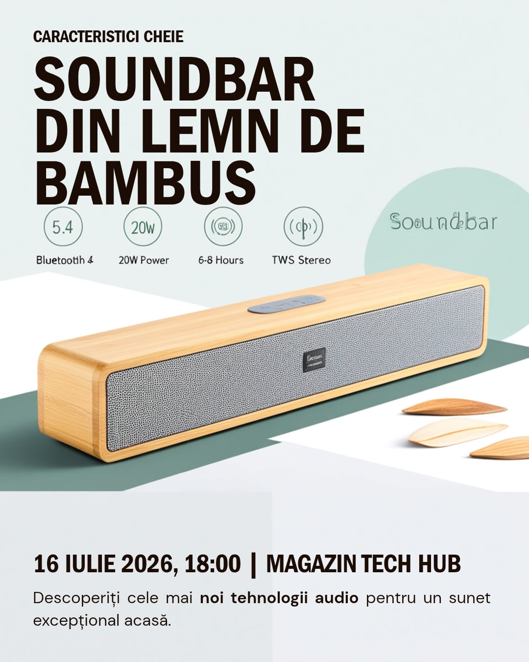 🔊 Soundbar din Lemn Roseland RS-620 Bluetooth 5.4 TWS 20W cu Montare pe Perete