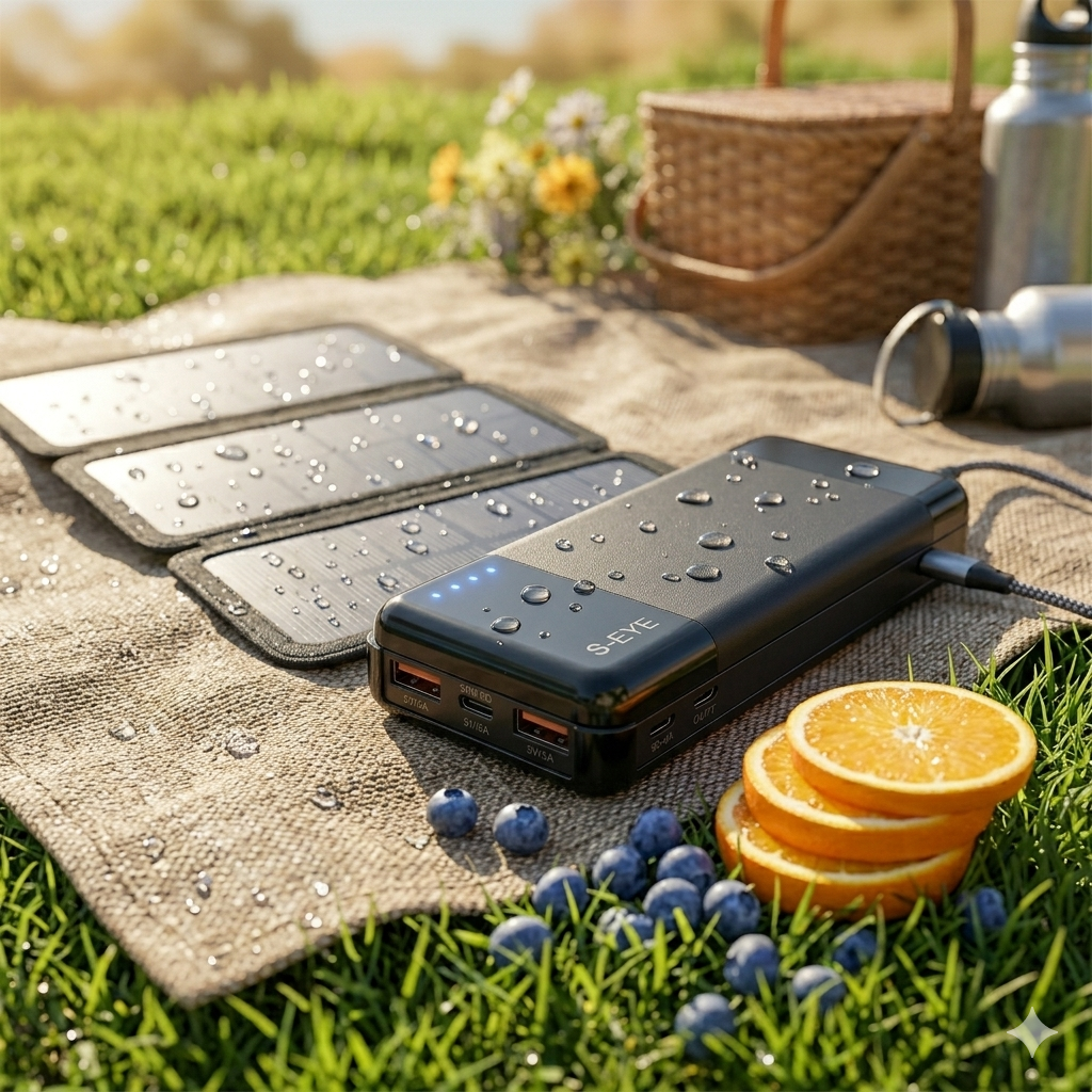 Baterie Externă Solară S-Eye 20.000 mAh — 4 Panouri Pliabile, Power Delivery 20W, USB-A + USB-C