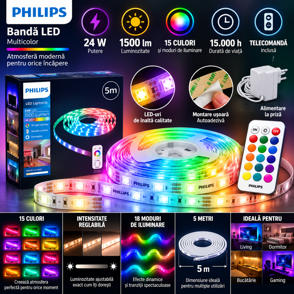 Bandă LED Philips RGB Interior 5m – 1500 lm, 24W, 256 Culori, Reglaj 10–100%, Telecomandă – imaginea 5