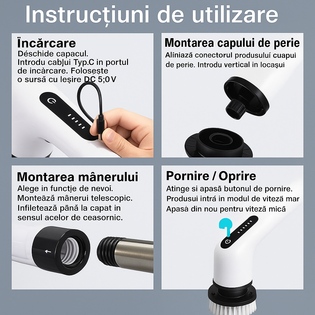 Perie Electrica Rotativa S-Eye, 9 Capete Interschimbabile, 450 RPM, 2 Trepte Viteza, Maner Extensibil 137 cm, Autonomie 90 min, Incarcare USB – Curatenie Rapida Baie, Bucatarie, Auto
