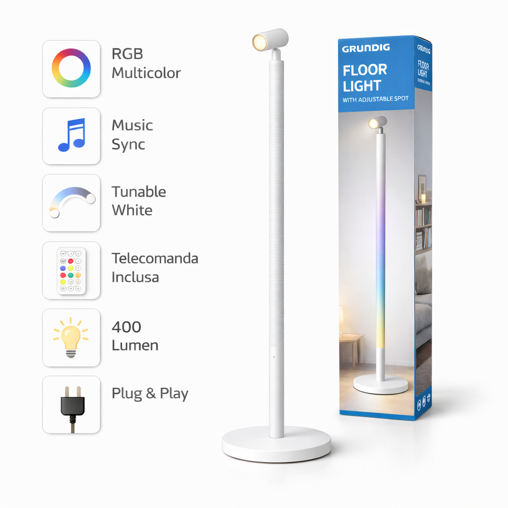 Grundig Floor Light cu Spot Reglabil RGB + Alb Reglabil | Lampa de Podea LED cu Telecomanda si Sincronizare Muzica