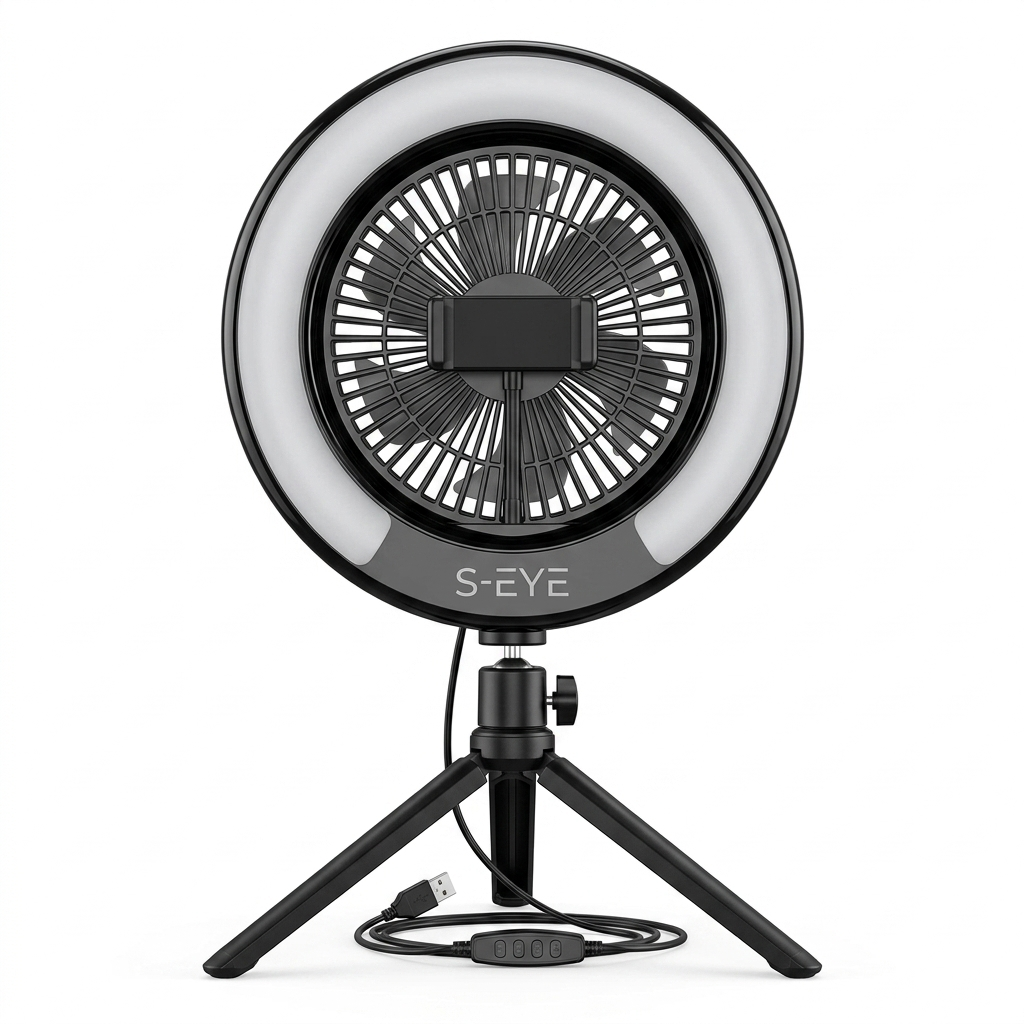 S-Eye Lampa Inel Selfie Ring Light cu Ventilator si Trepied, 9 Culori RGB, Lumina Reglabila, 2.5W USB, 255mm, pentru TikTok Vlog Live Streaming