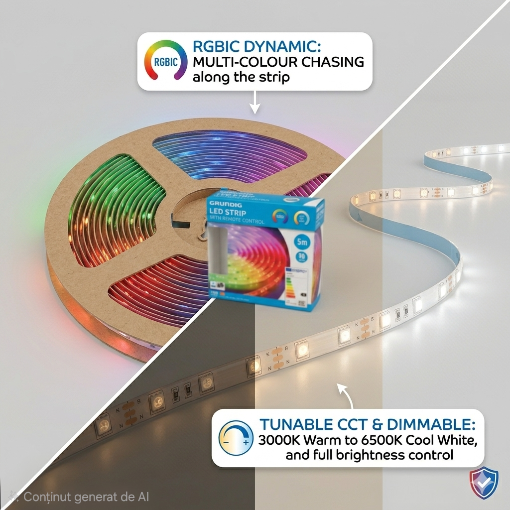 Grundig Bandă LED RGBIC 5m cu Telecomandă | Multicolor + Alb Reglabil CCT | 90 LED/m | 1200 Lumeni