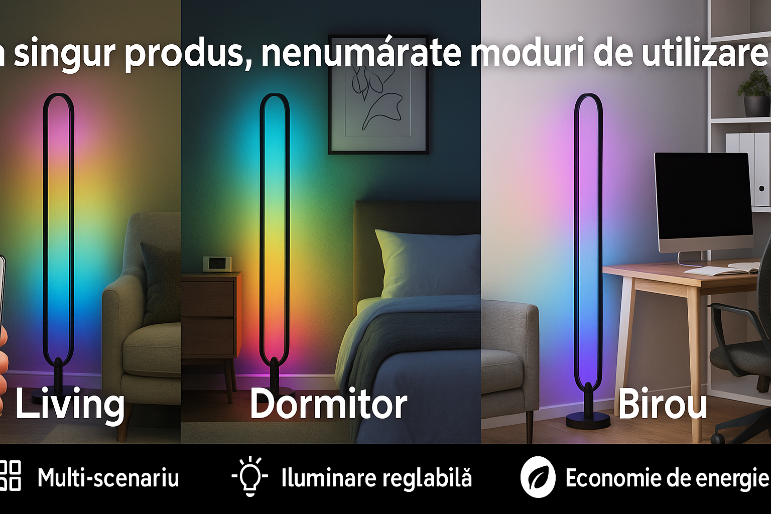 🌈 Lampă de Podea LED Multicoloră S-Eye 105cm – RGB, Reacție la Muzică, Telecomandă, Gaming/Dormitor