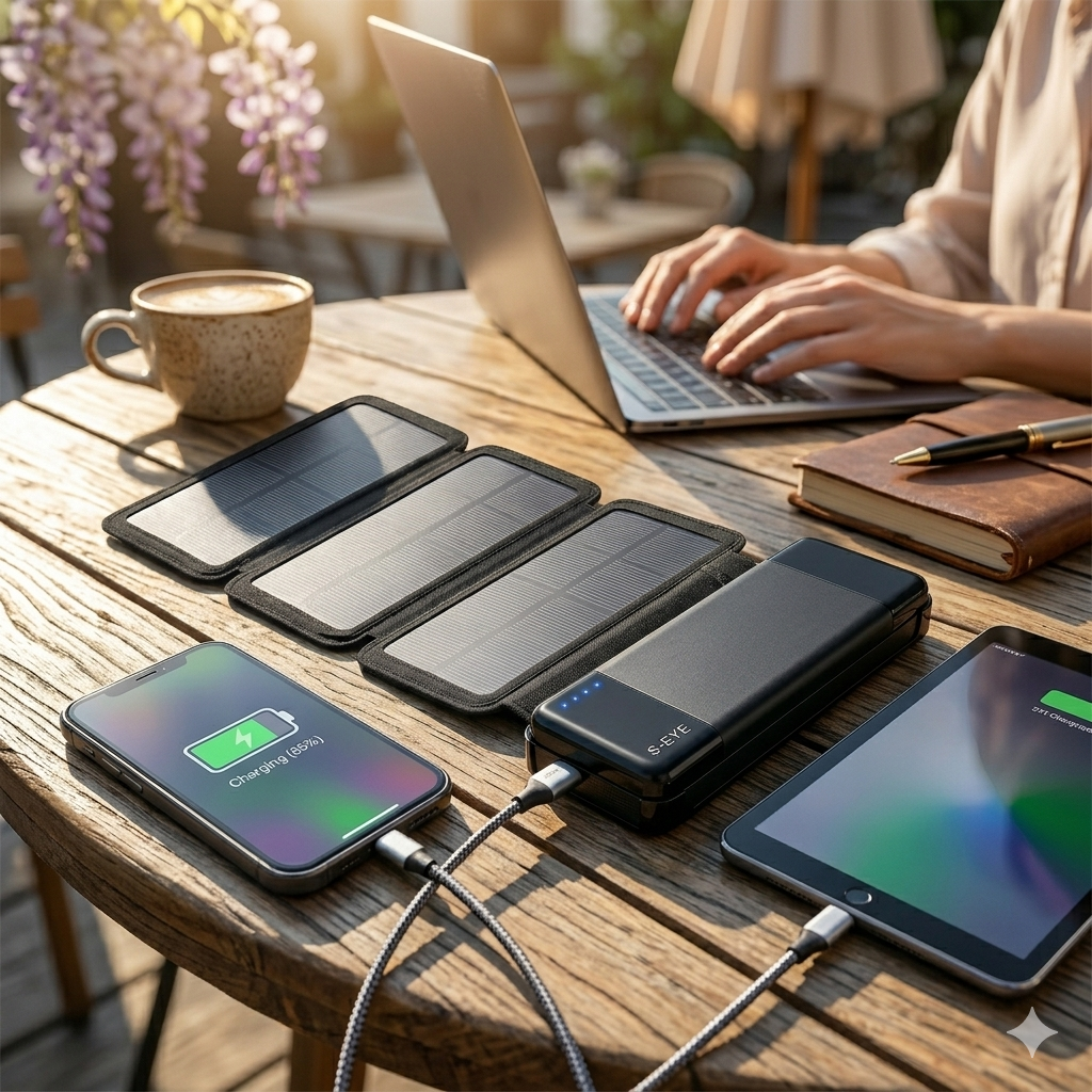 Baterie Externă Solară S-Eye 20.000 mAh — 4 Panouri Pliabile, Power Delivery 20W, USB-A + USB-C