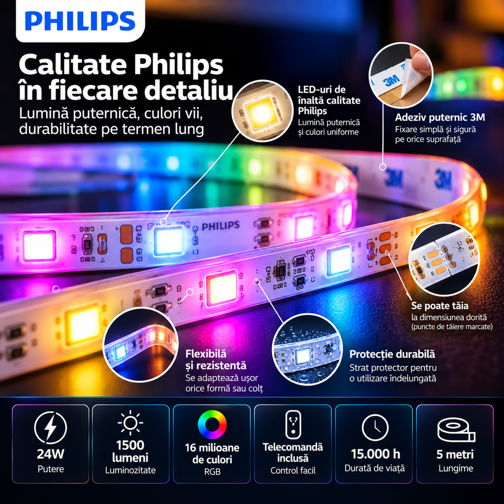 Bandă LED Philips RGB Interior 5m – 1500 lm, 24W, 256 Culori, Reglaj 10–100%, Telecomandă – imaginea 8