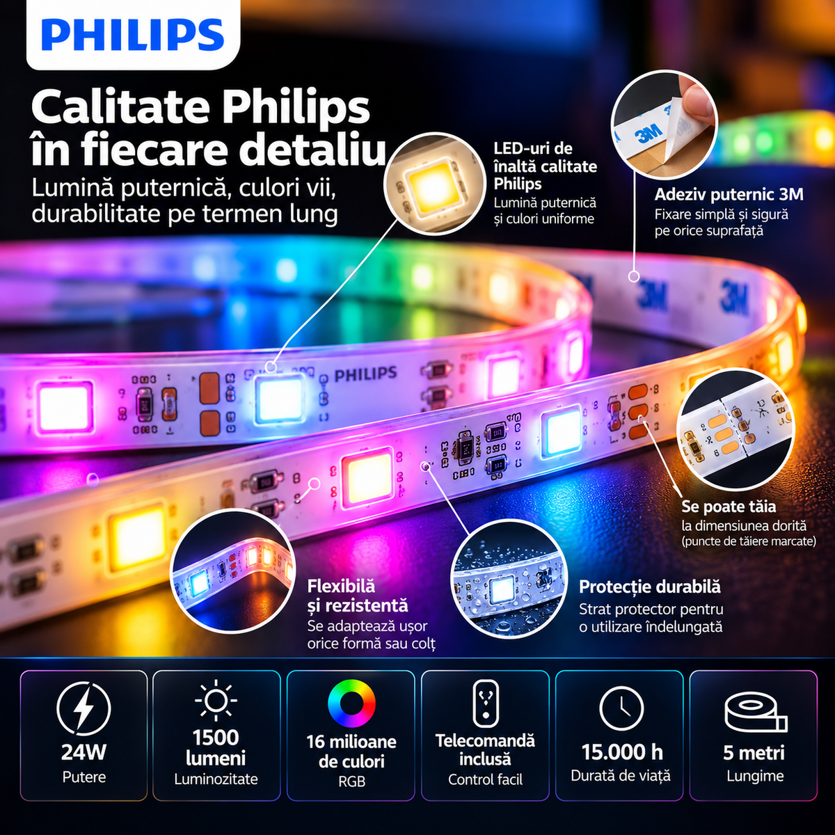 Bandă LED Philips RGB Interior 5m – 1500 lm, 24W, 256 Culori, Reglaj 10–100%, Telecomandă – imaginea 8