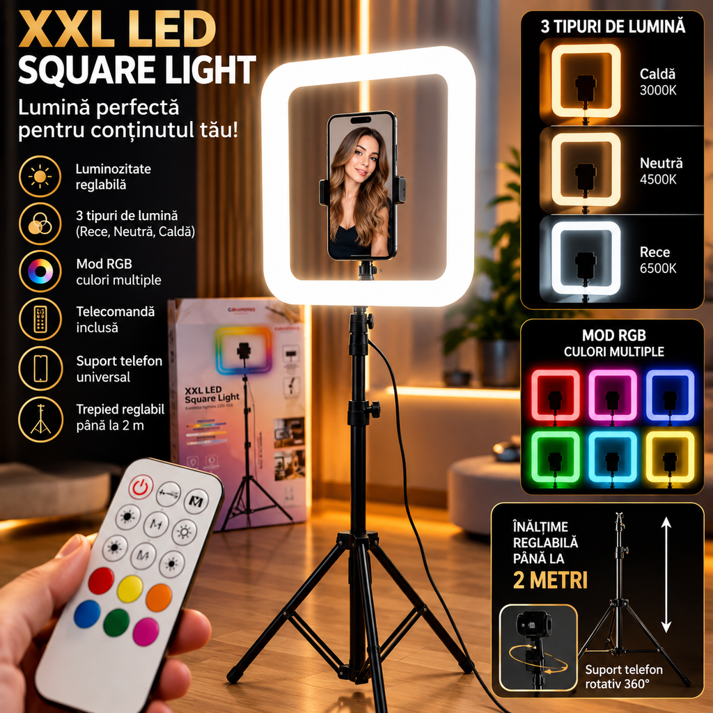 Lampă LED pătrată XXL Grundig cu stativ 210 cm