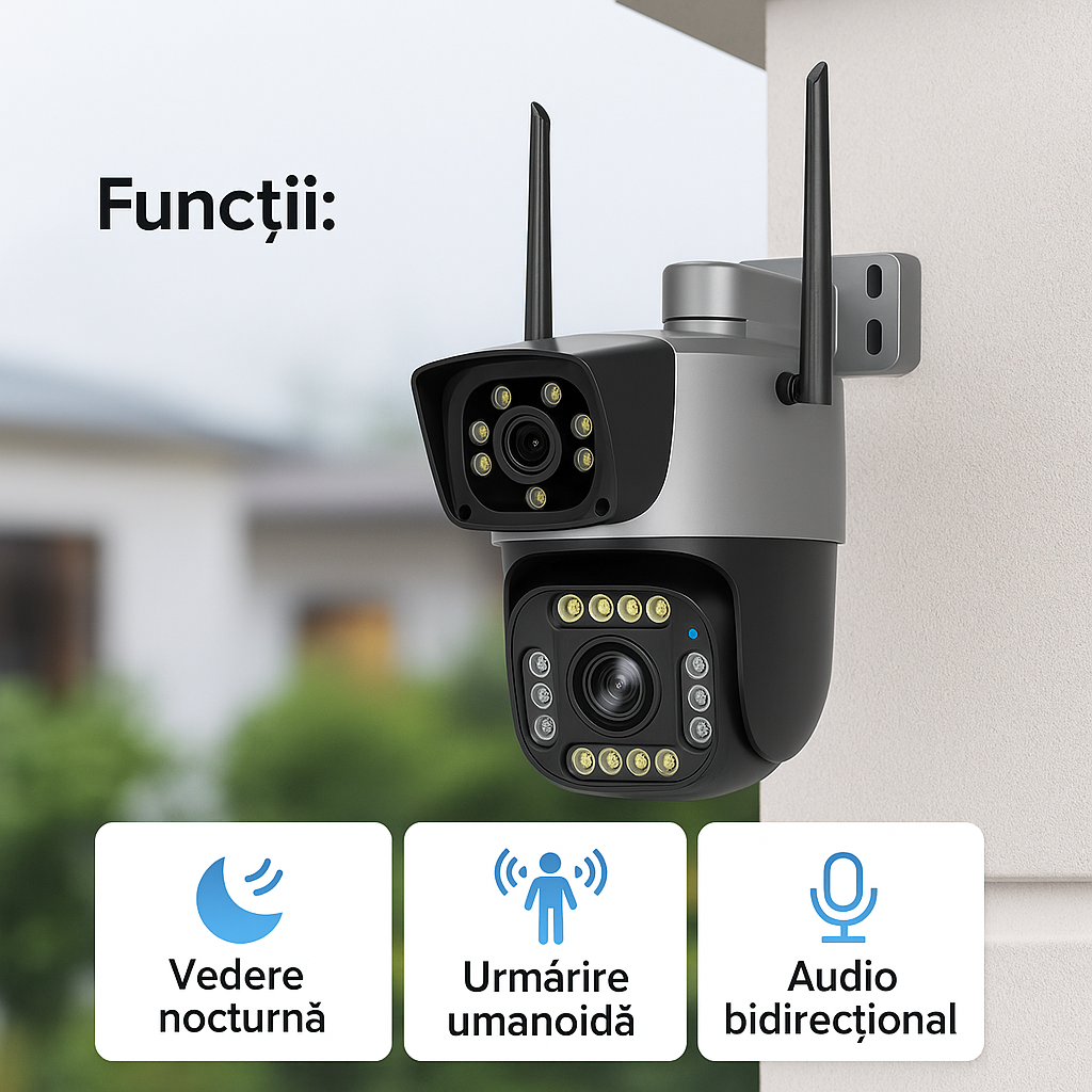 Camera Supraveghere S-Eye IP 4G Cartela SIM Dual-Lens 4MP, Human Detection, Two-Way Audio, Viziune Nocturna, Aplicatie V380 Pro, Notificari Instant, Android iOS PC
