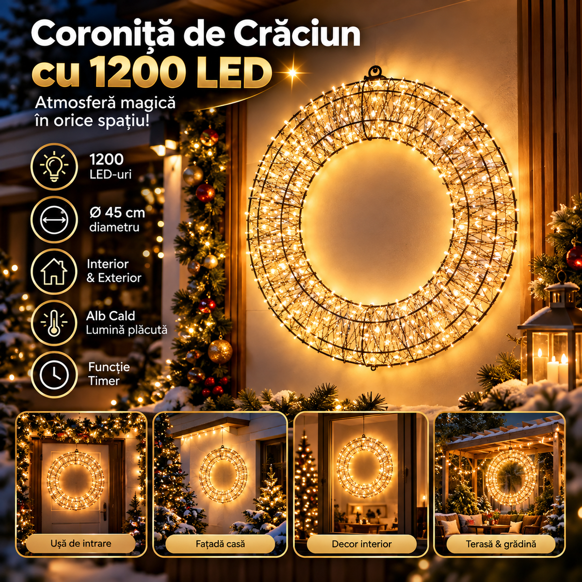 Coroniță de Crăciun luminoasă cu 1200 LED-uri, Ø45 cm