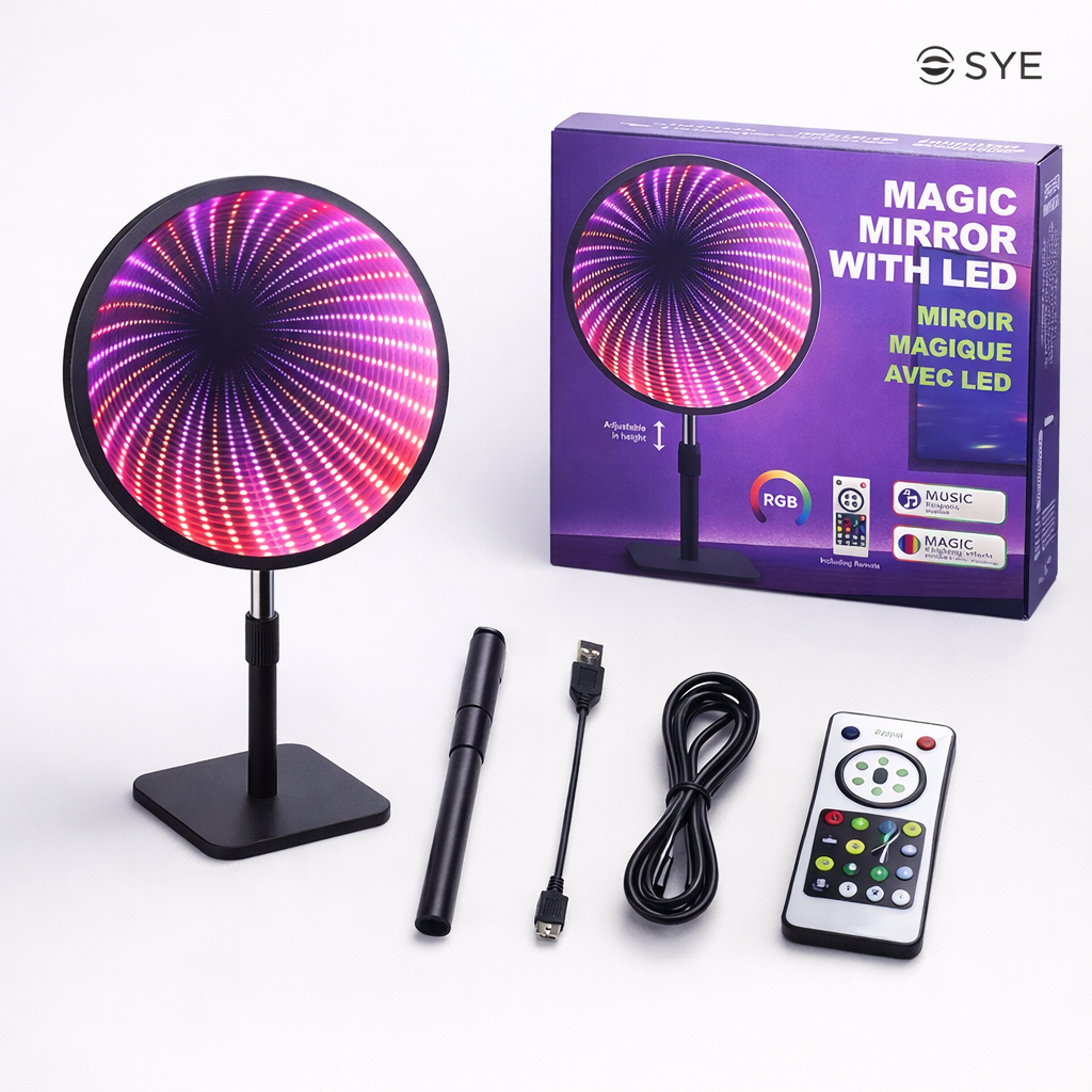 Oglindă Magică cu LED S-Eye RGB – Efect Tunel Infinit, Reacție la Muzică, 8 Moduri, Telecomandă Inclusă, Înălțime Reglabilă
