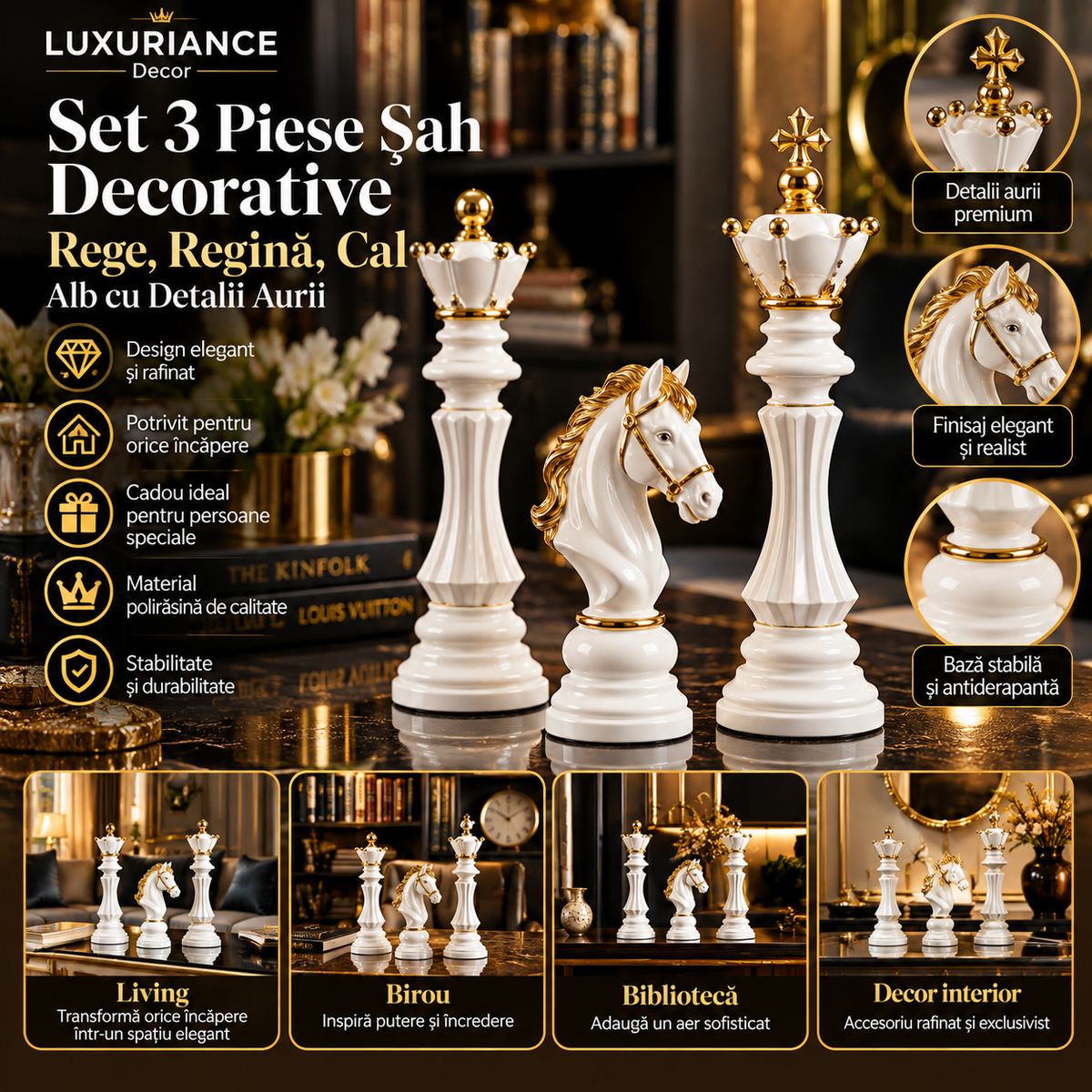 Set 3 piese de șah decorative Rege, Regină și Cal, alb cu auriu