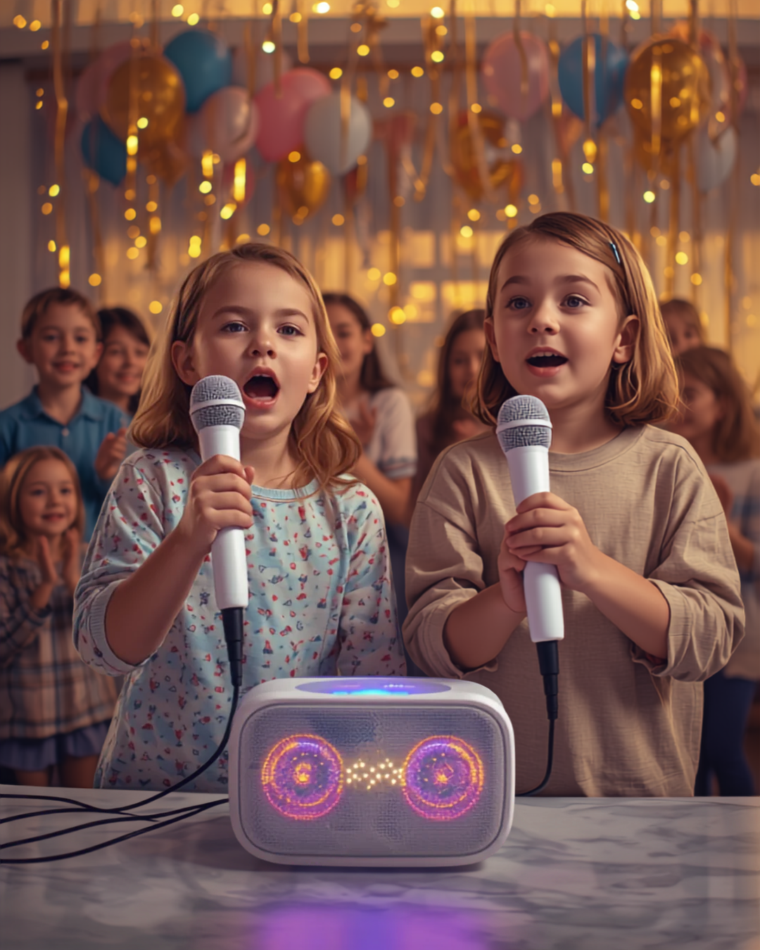 🎤 Set Karaoke cu Boxa Bluetooth 20W și 2 Microfoane – Ecou, 4 Moduri LED, Autonomie 10 Ore, Copii