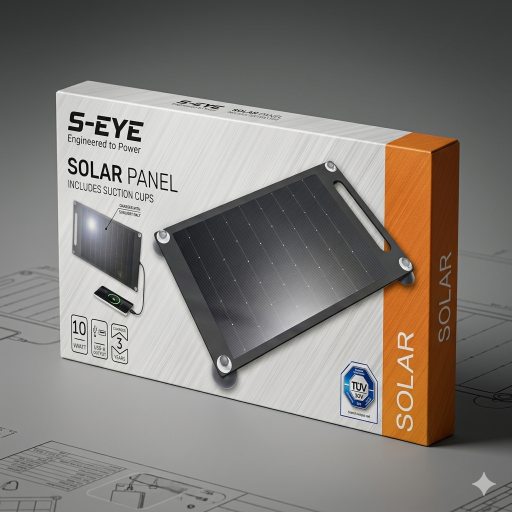 ☀️ Panou Solar Portabil S-Eye 10W – Încărcător Solar Monocristalin cu Ventuze, USB-A și Certificare TÜV | Camping & Travel