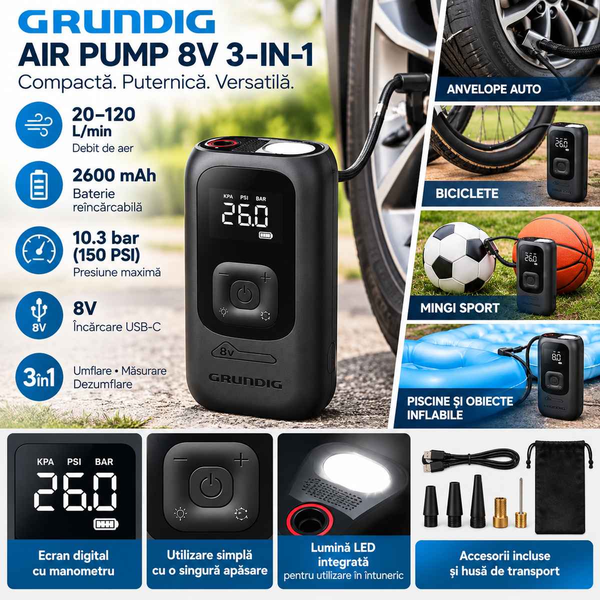 Pompă de aer fără fir 3-în-1 Grundig 8V cu afișaj LED