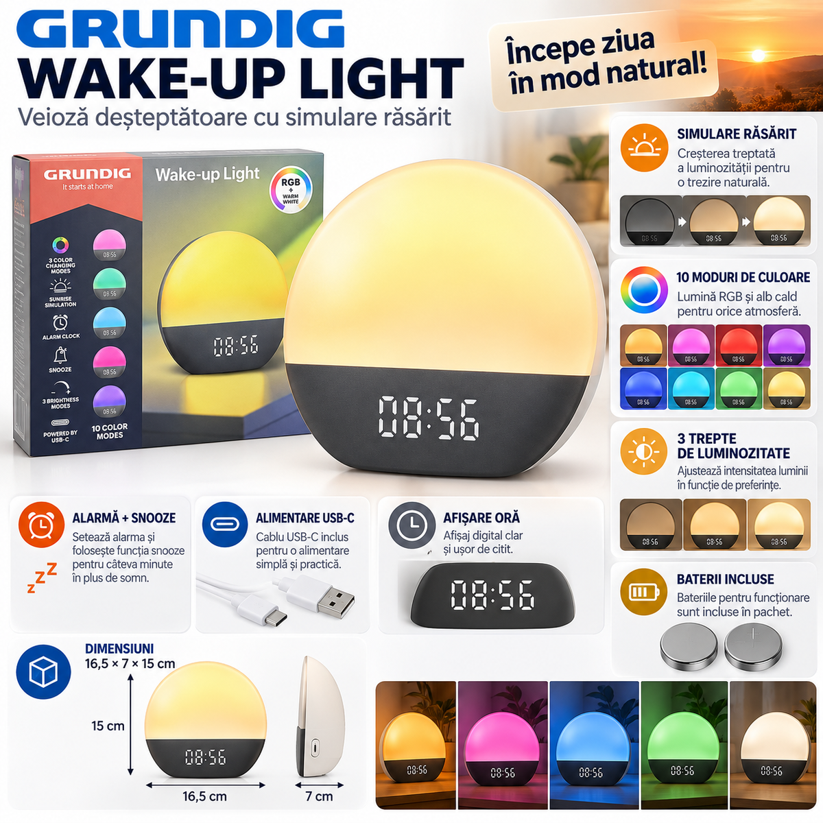 🌅 Lampă Deșteptătoare Grundig Wake-up Light – Simulare Răsărit, RGB + Alb Cald, Alarmă, Snooze, USB-C