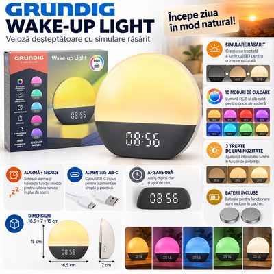 🌅 Lampă Deșteptătoare Grundig Wake-up Light – Simulare Răsărit, RGB + Alb Cald, Alarmă, Snooze, USB-C