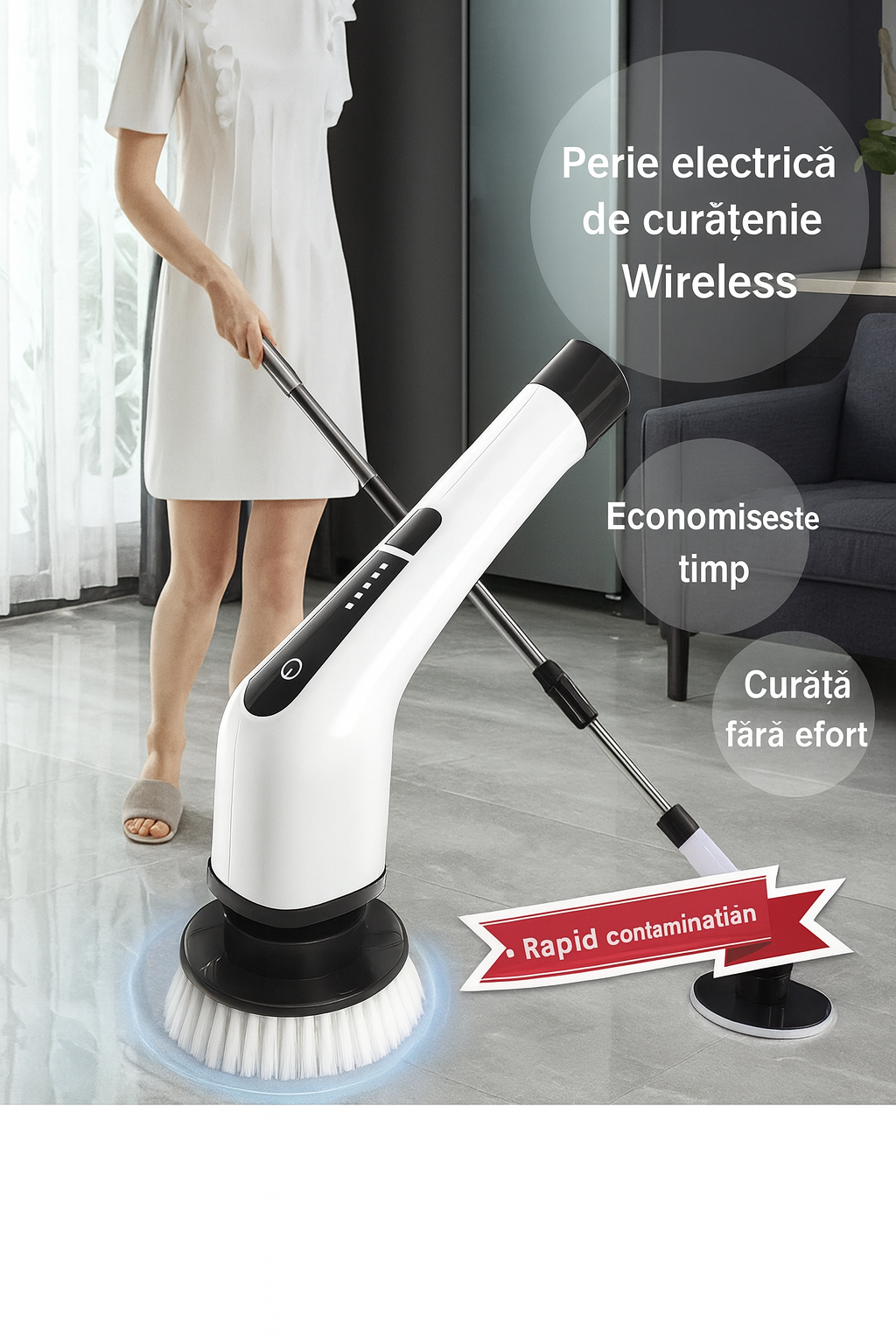 Perie Electrica Rotativa S-Eye, 9 Capete Interschimbabile, 450 RPM, 2 Trepte Viteza, Maner Extensibil 137 cm, Autonomie 90 min, Incarcare USB – Curatenie Rapida Baie, Bucatarie, Auto