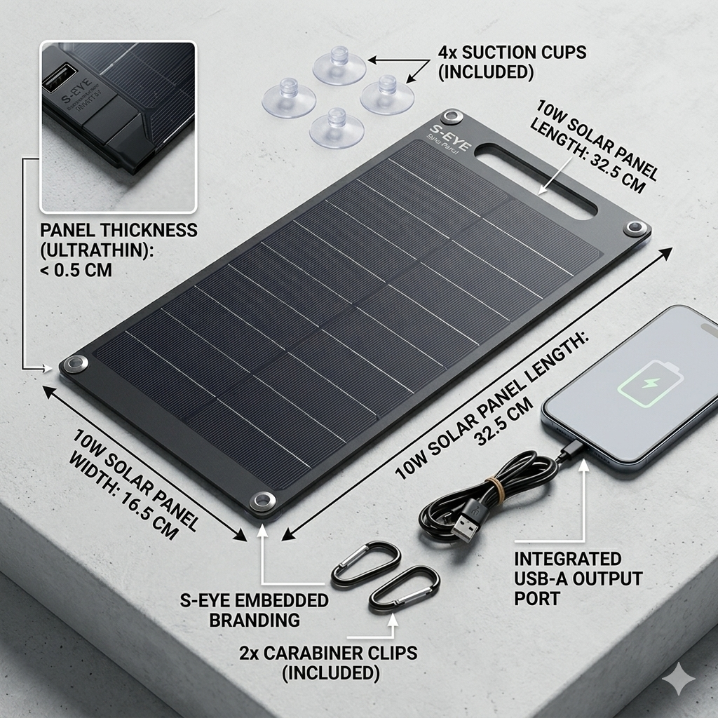 ☀️ Panou Solar Portabil S-Eye 10W – Încărcător Solar Monocristalin cu Ventuze, USB-A și Certificare TÜV | Camping & Travel