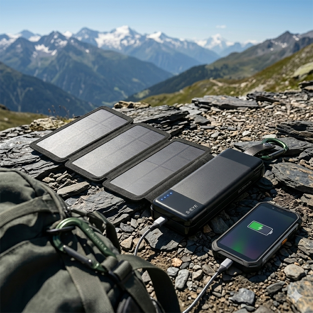 Baterie Externă Solară S-Eye 20.000 mAh — 4 Panouri Pliabile, Power Delivery 20W, USB-A + USB-C