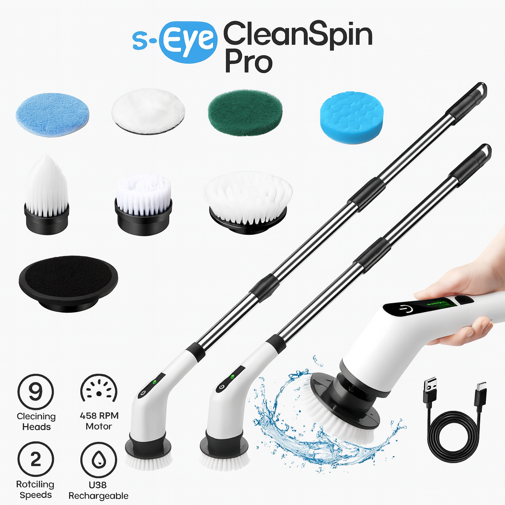 Perie Electrica Rotativa S-Eye, 9 Capete Interschimbabile, 450 RPM, 2 Trepte Viteza, Maner Extensibil 137 cm, Autonomie 90 min, Incarcare USB – Curatenie Rapida Baie, Bucatarie, Auto